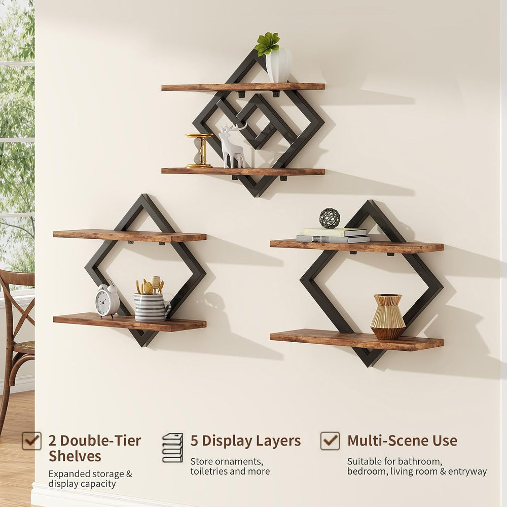 2-Tier Floating Shelves on Wall, 3-Piece Set, Wooden Wall Shelf, Brown