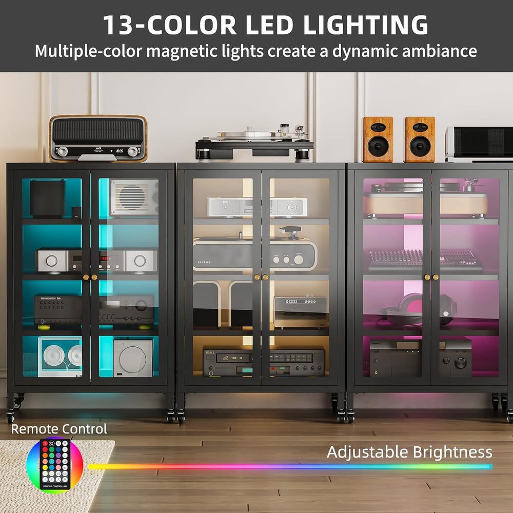 Metal Media Cabinet with 13-Color LED Lights & Swivel Wheels, 4-Tier Ster...