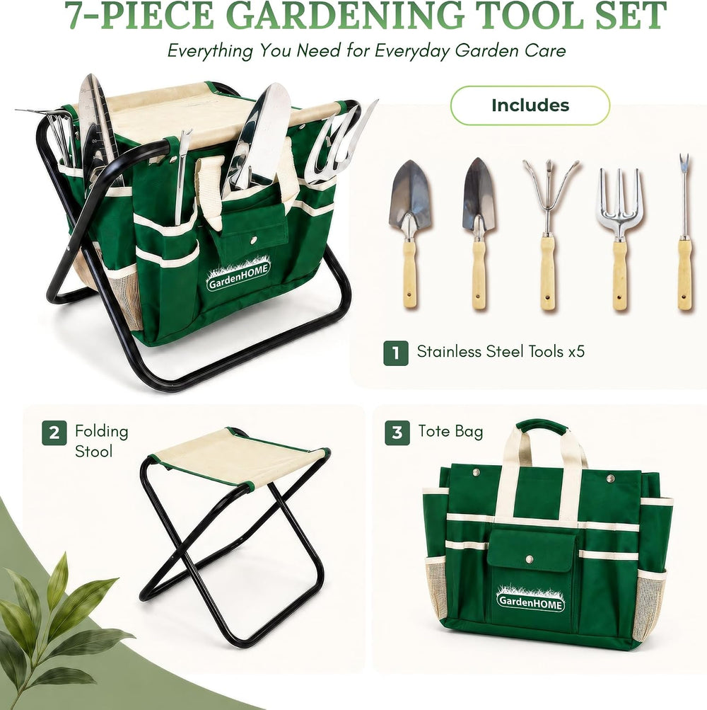 GardenHOME 7-Piece Garden Tool Set with Folding Stool & Storage Tote