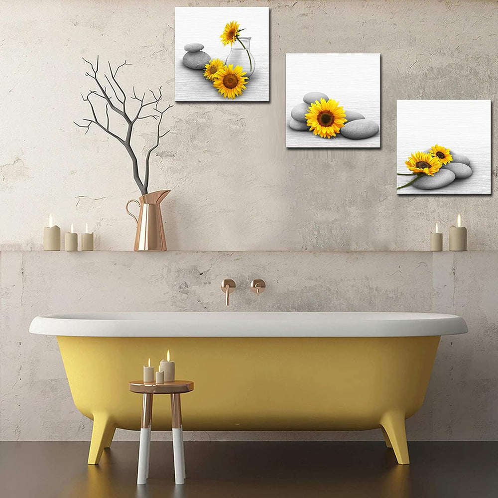 Biuteawal Sunflower Canvas Wall Art 3 Pieces Yellow and Grey Painting Relaxin...