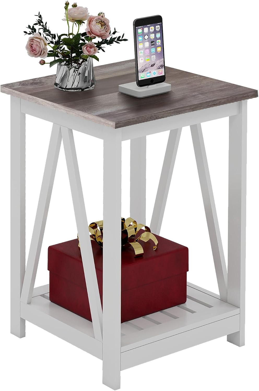 End Table, Farmhouse Square Side Table with Slat Shelf, 15.7" Oak White