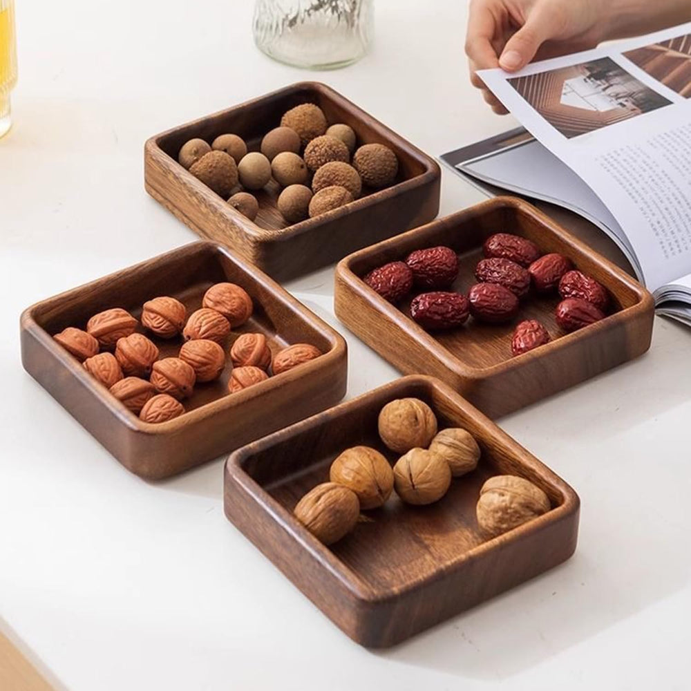 2 Piece Set Acacia Wood Snack Bowl, 5.9" Square Wooden Serving Tray with...