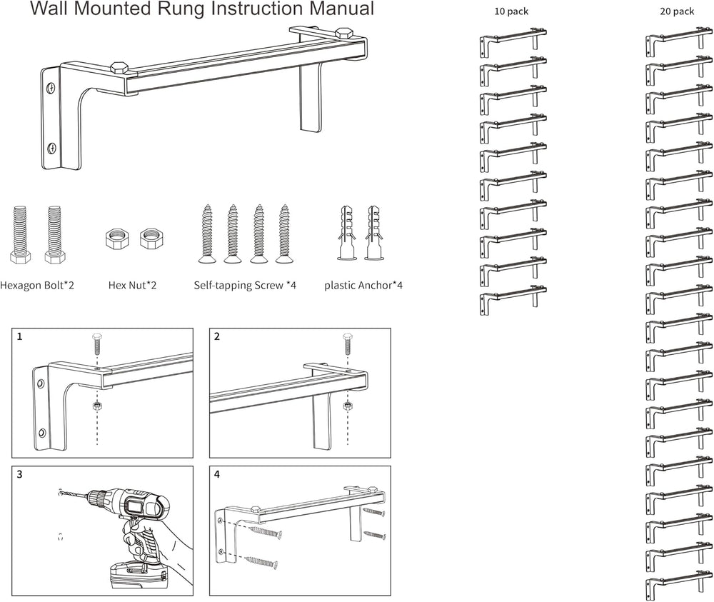 Wall-Mounted Rungs DIY | Set of 20 Fireproof Climbing Rungs | Antislip Standi...