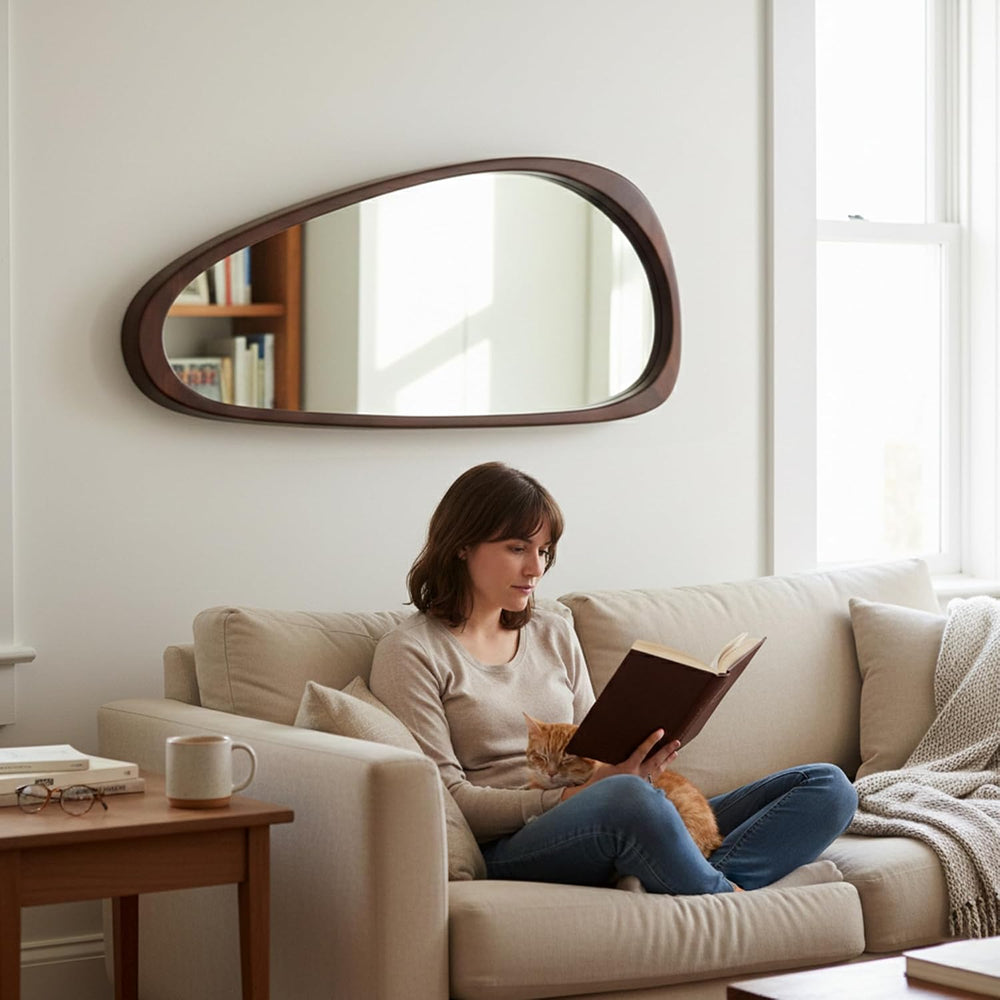 Solid Wood 48"x24" Dark Walnut Large Organic Irregular Wall Mirror