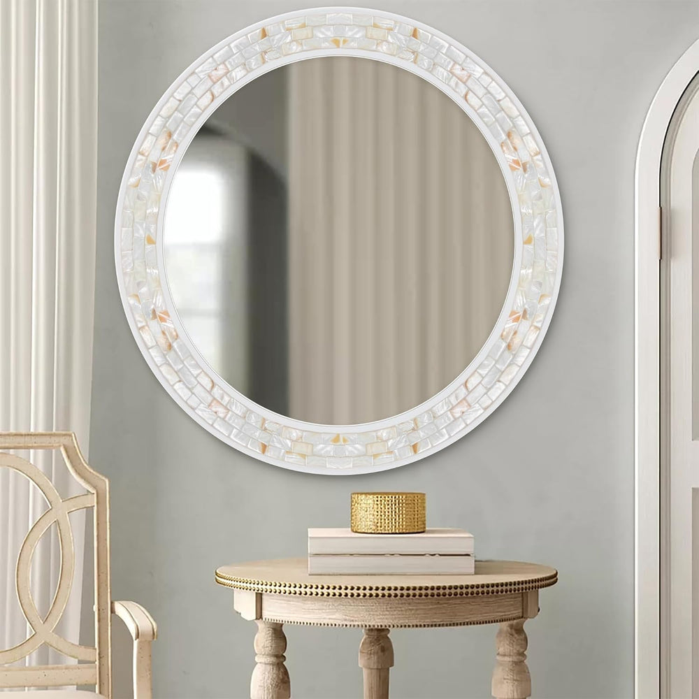 Tanmicoshomy Round Bathroom Mirror 30 Inch with Coastal Mosaic Shell Frame