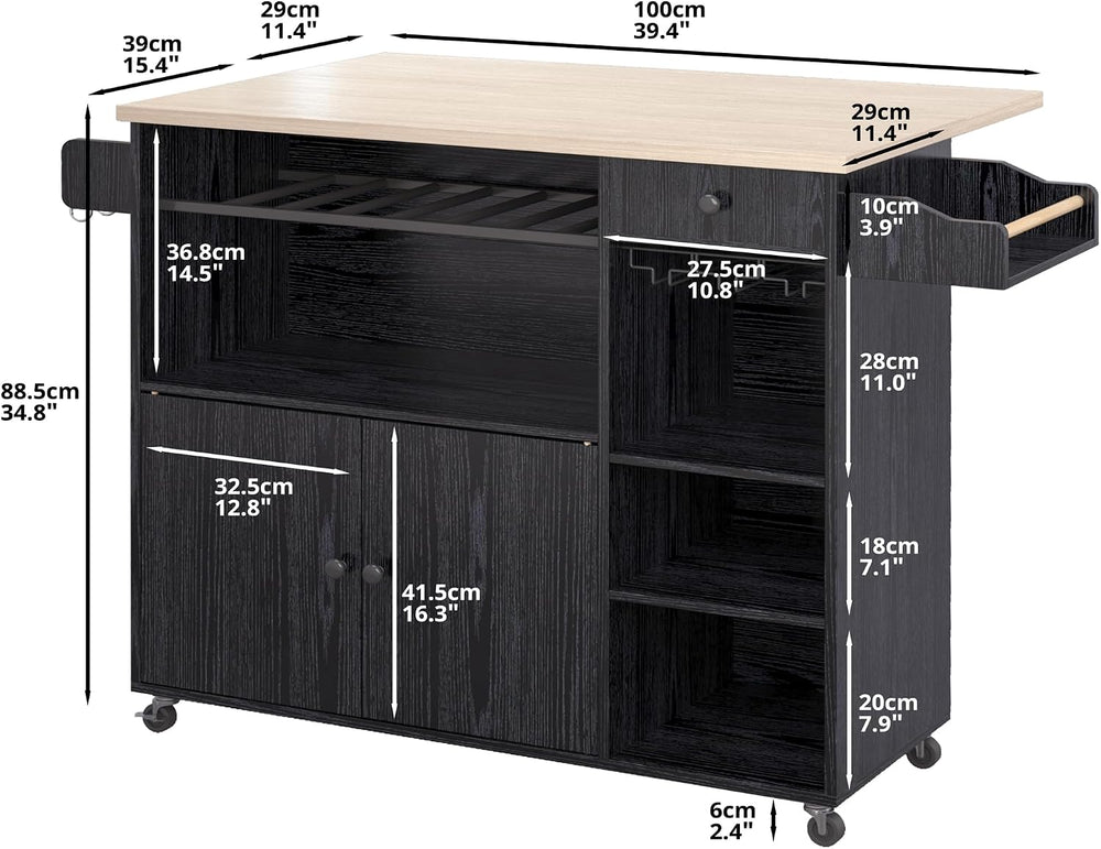 IRONCK Rolling Kitchen Island Cart with Drop-Leaf and Wine Rack, Black