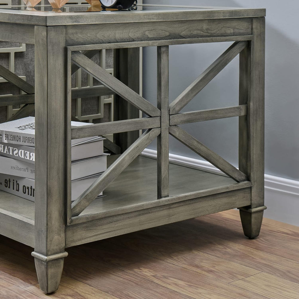 Large Solid Wood End Table with Tempered Glass Top, Antique Gray