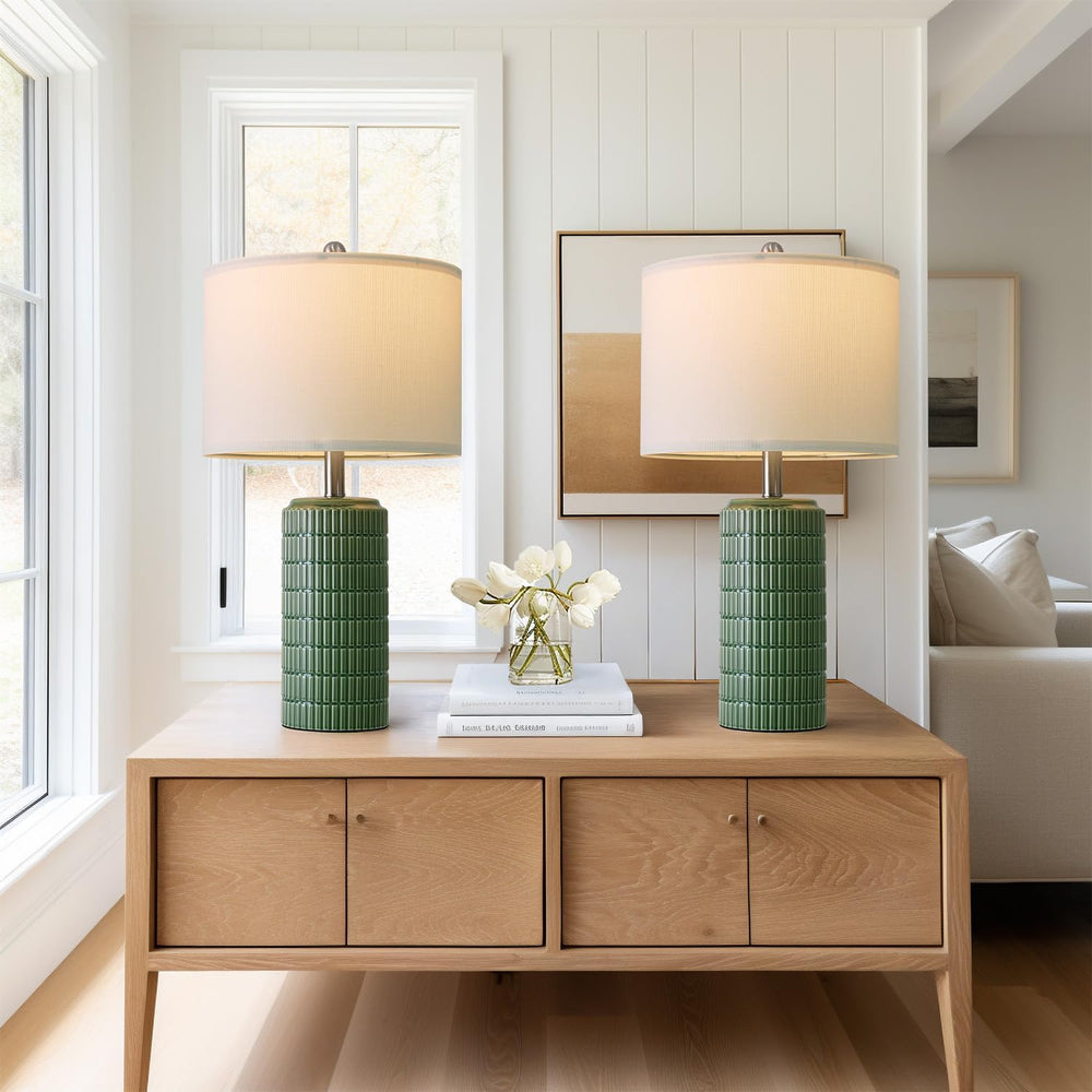 PoKat 23" Dark Green Ceramic Table Lamps Set of 2, Modern Table Lamps fo...