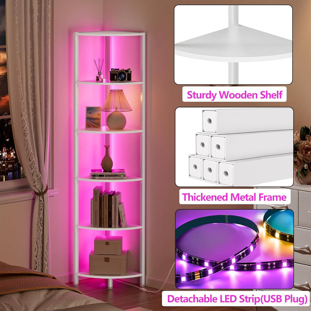 Furnulem 6 Tier Corner Shelf with LED Light, 67.5" White Narrow Bookshelf