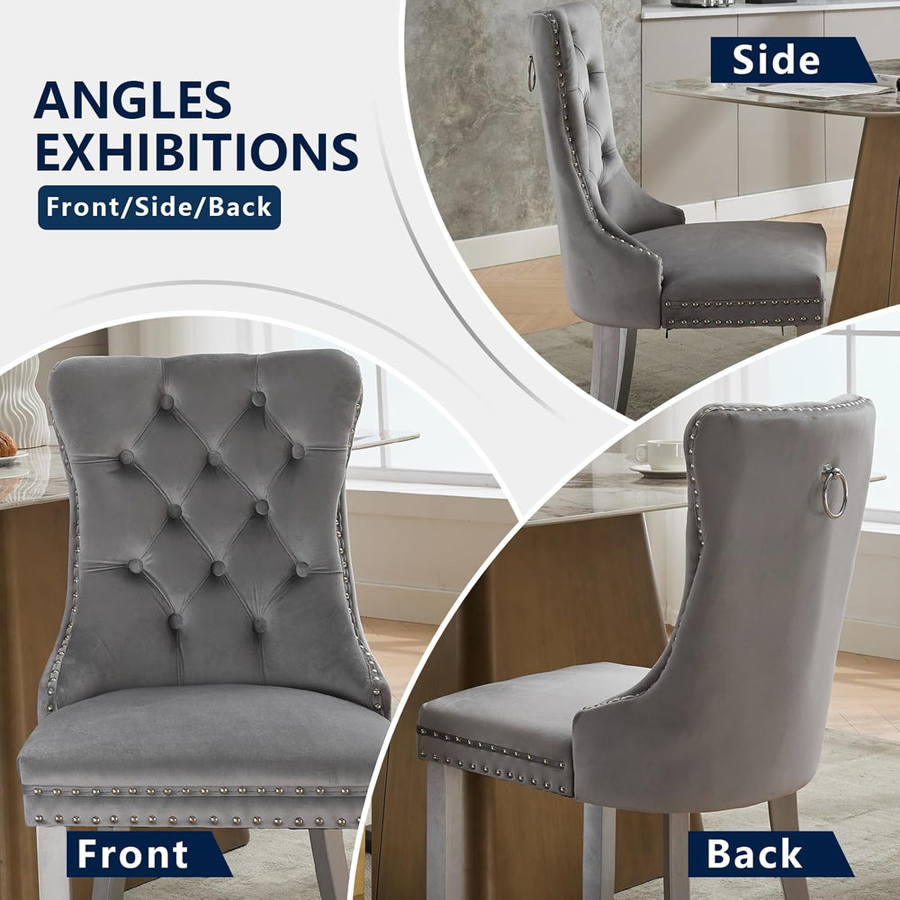 Grey Velvet Dining Chairs Set of 4, Ring Pull, Silver Solid Wood Legs