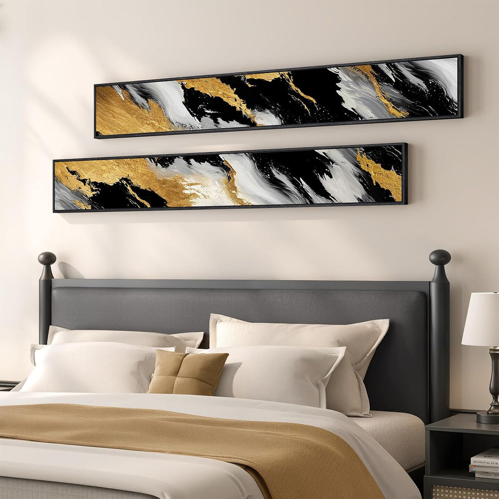 Framed Black White Gold Abstract Vertical Wall Art for Entryway, 2 Piece