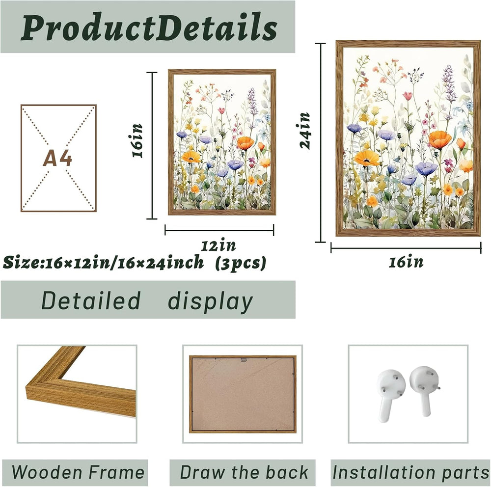 3 Piece Colorful Wildflower Wall Art Set Framed Spring Wall Decor 12x16 In