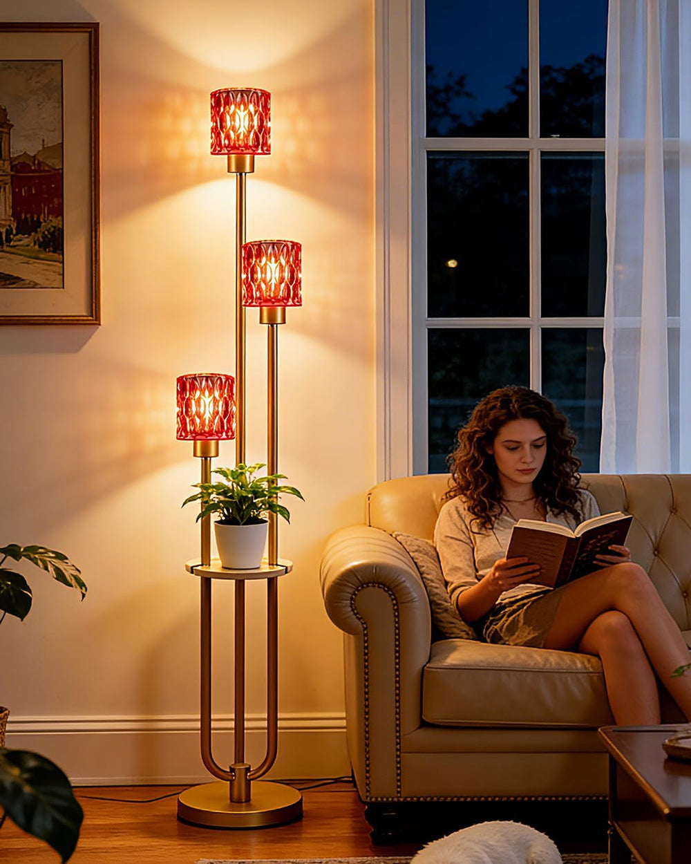 62IN Gold Floor Lamp with Deep Red Glass Shade 3-Lights Mid-Century Modern Fa...