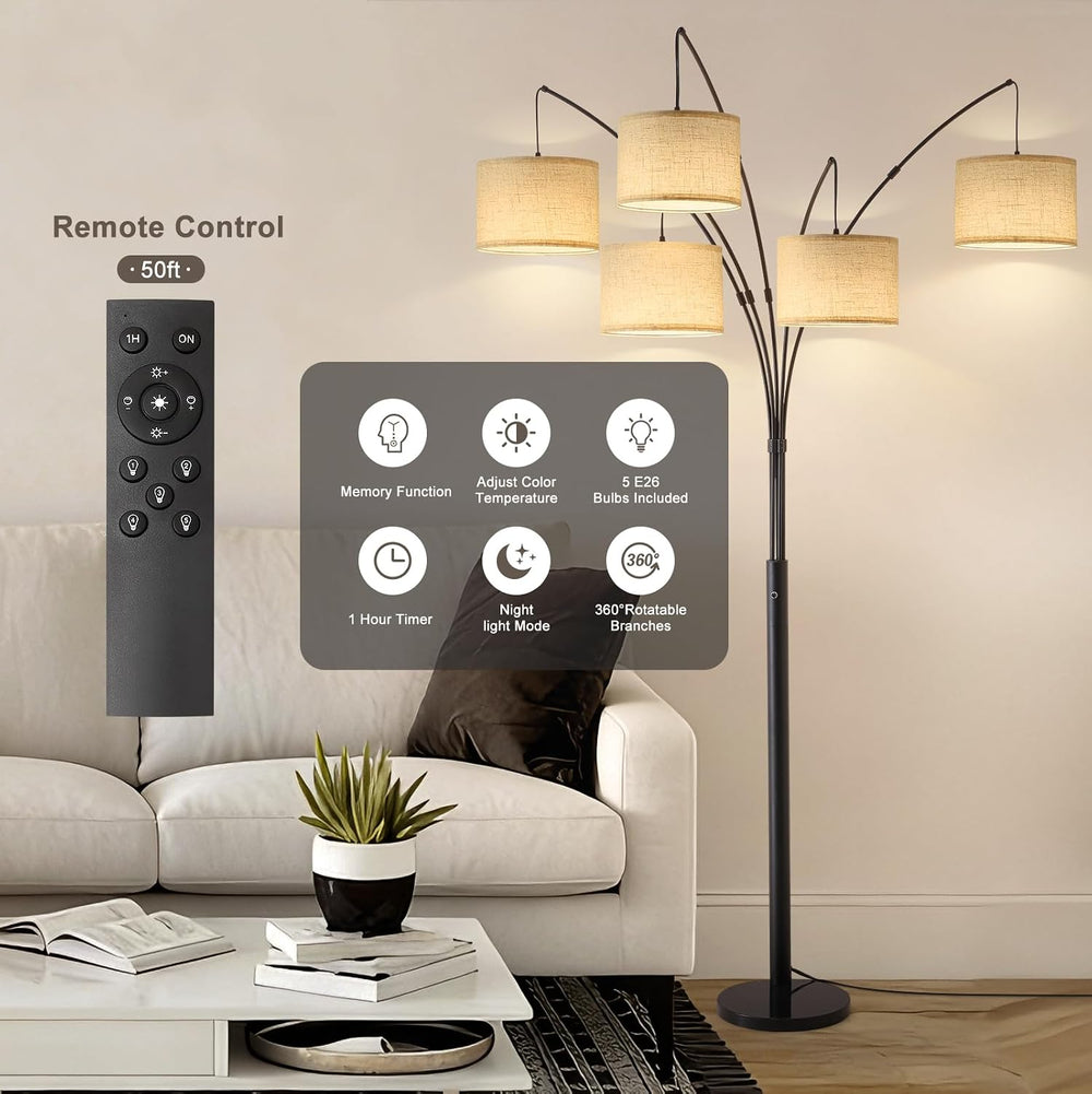 Bright Floor Lamp, Remote Control, Beige Shade Black Pole