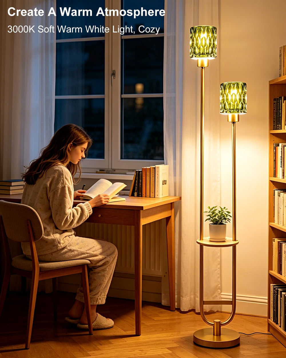 Green Glass Floor Lamp with Table Shelf, Modern Gold Standing Lamp