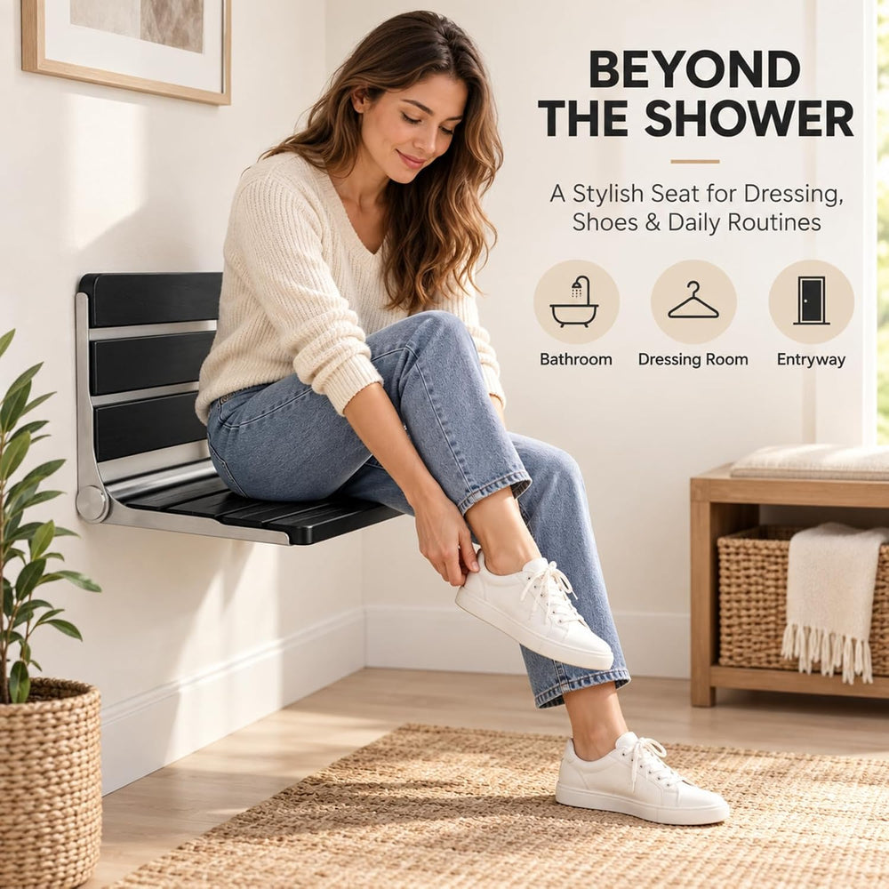 Foldable Shower Seat Wall Mounted 16 in Wide, Teak Bench for Small Shower