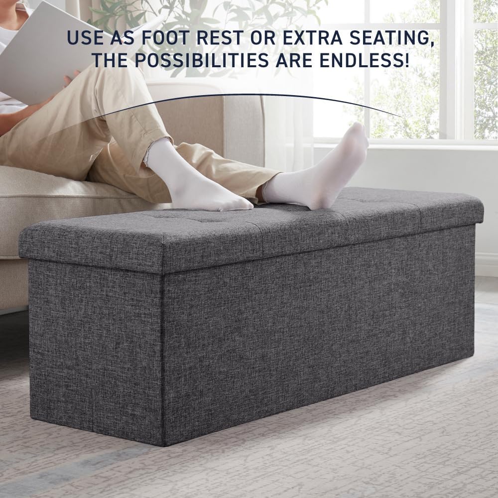 Ornavo Home 43 Inch Folding Extra Large Storage Bench, Linen, Dark Gray