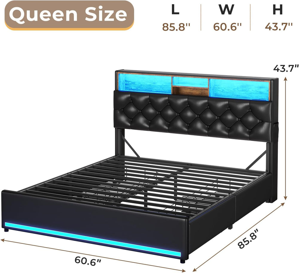 HAUOMS Queen Bed Frame with Headboard and 4 Drawers, PU Black Upholstered