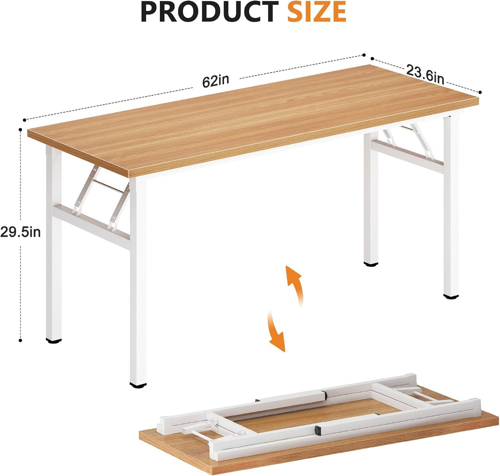 DlandHome 62 Inch Large Folding Computer Desk, Fully Assembled, Teak White