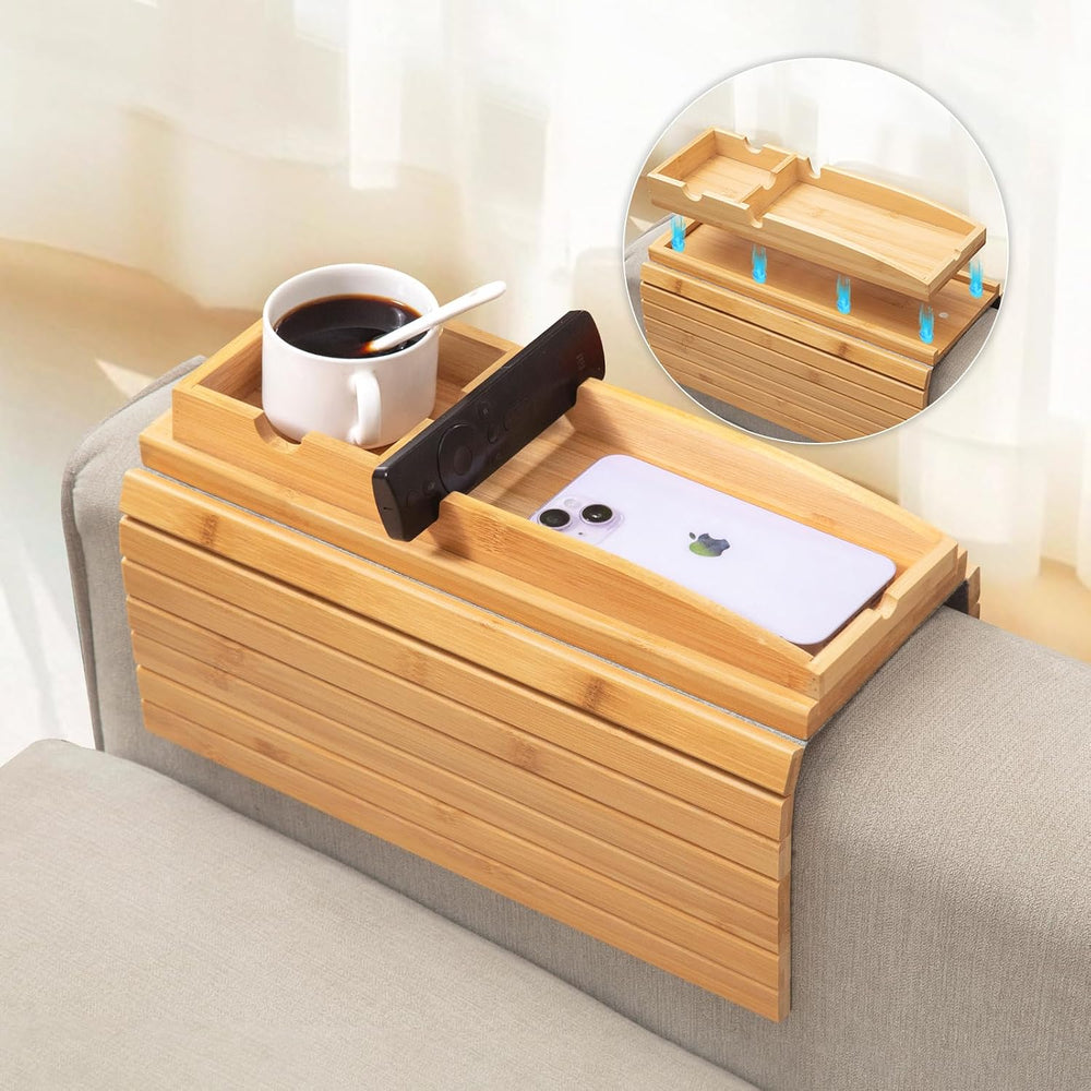 Bamboo Couch Arm Tray Table | 2-in-1 Detachable Sofa Tray with Slidable Cup H...