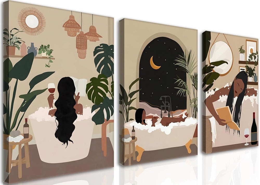 Black Girl Bathroom Wall Art Set of 3, Fashion Boho Black Woman Canvas Wall D...