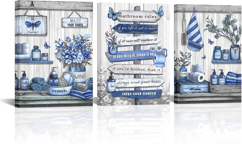 OuElegent Bathroom Wall Art Farmhouse Canvas Navy Blue 12''x16'