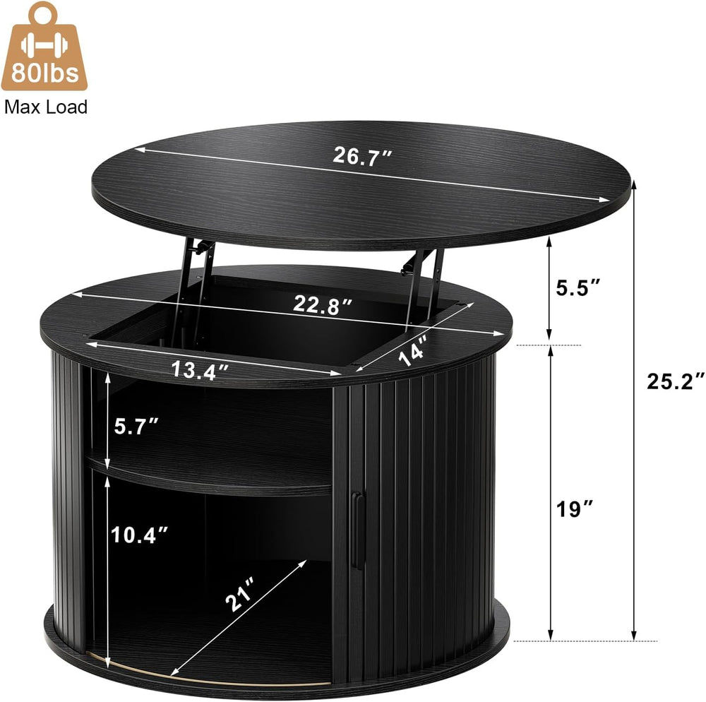 FABATO Round Lift Top Coffee Table Fluted Drum Table Sliding Door, Black