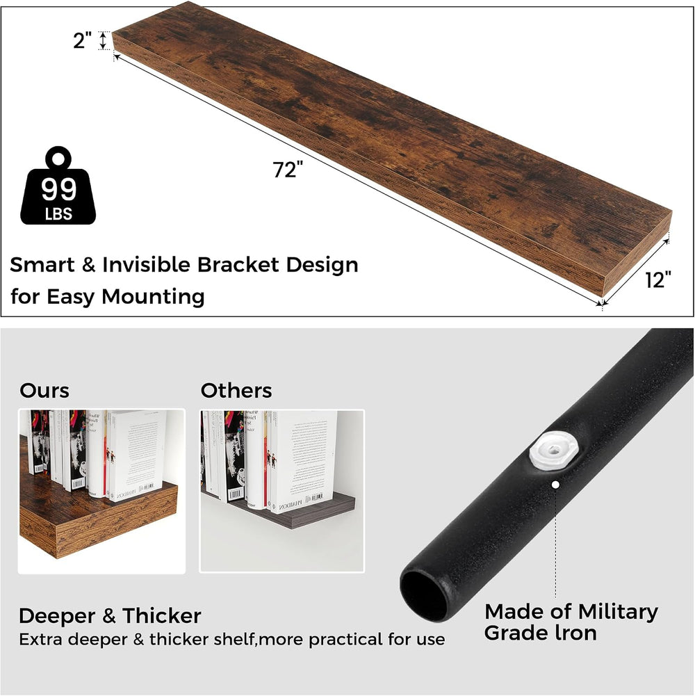 72 Inch Floating Shelves for Wall, 12"D Wood Storage Shelves, Brown Finish