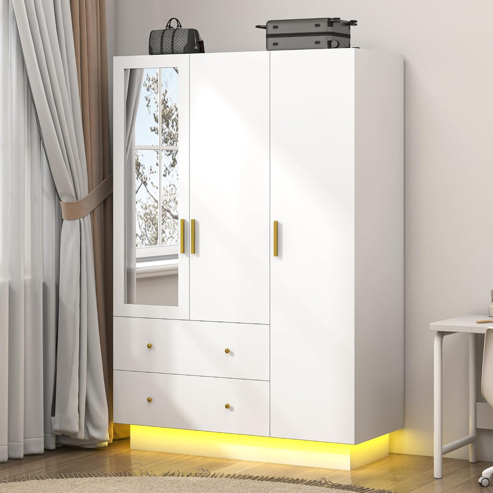 jiteentarou 3 Door Wardrobe Closet with Mirror & LED Lights, Bedroom Armo...