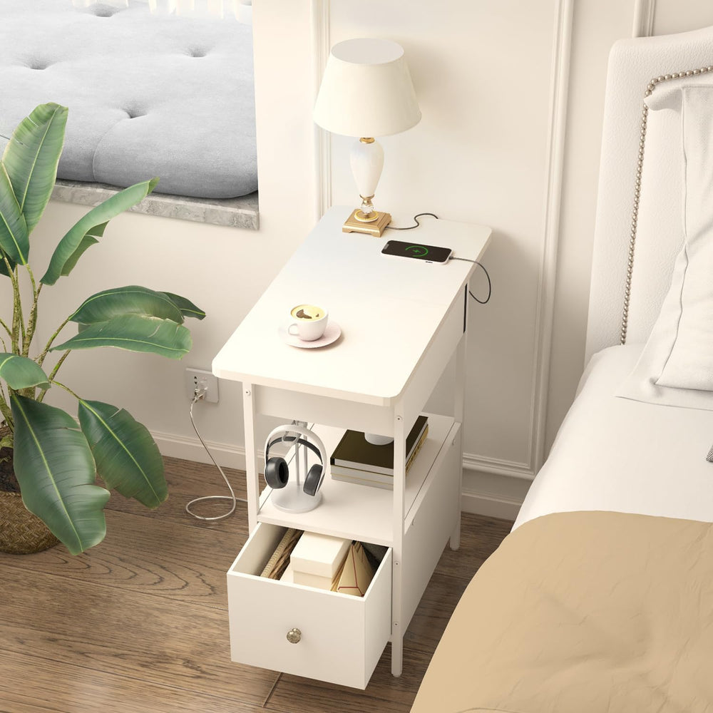 SOOWERY End Table with Charging Station, Narrow Side Table for Living Room