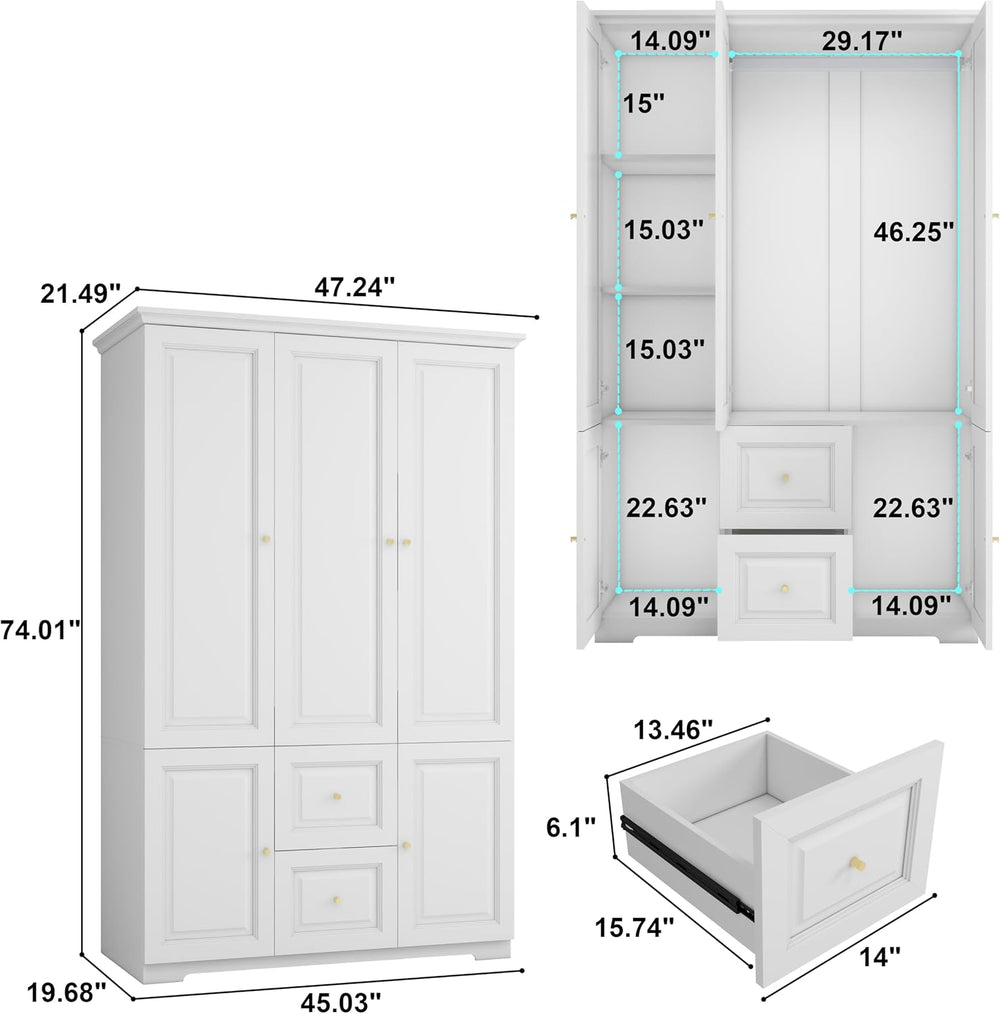 White Armoire Wardrobe Closet with 2 Drawers: 75" H x 47" W