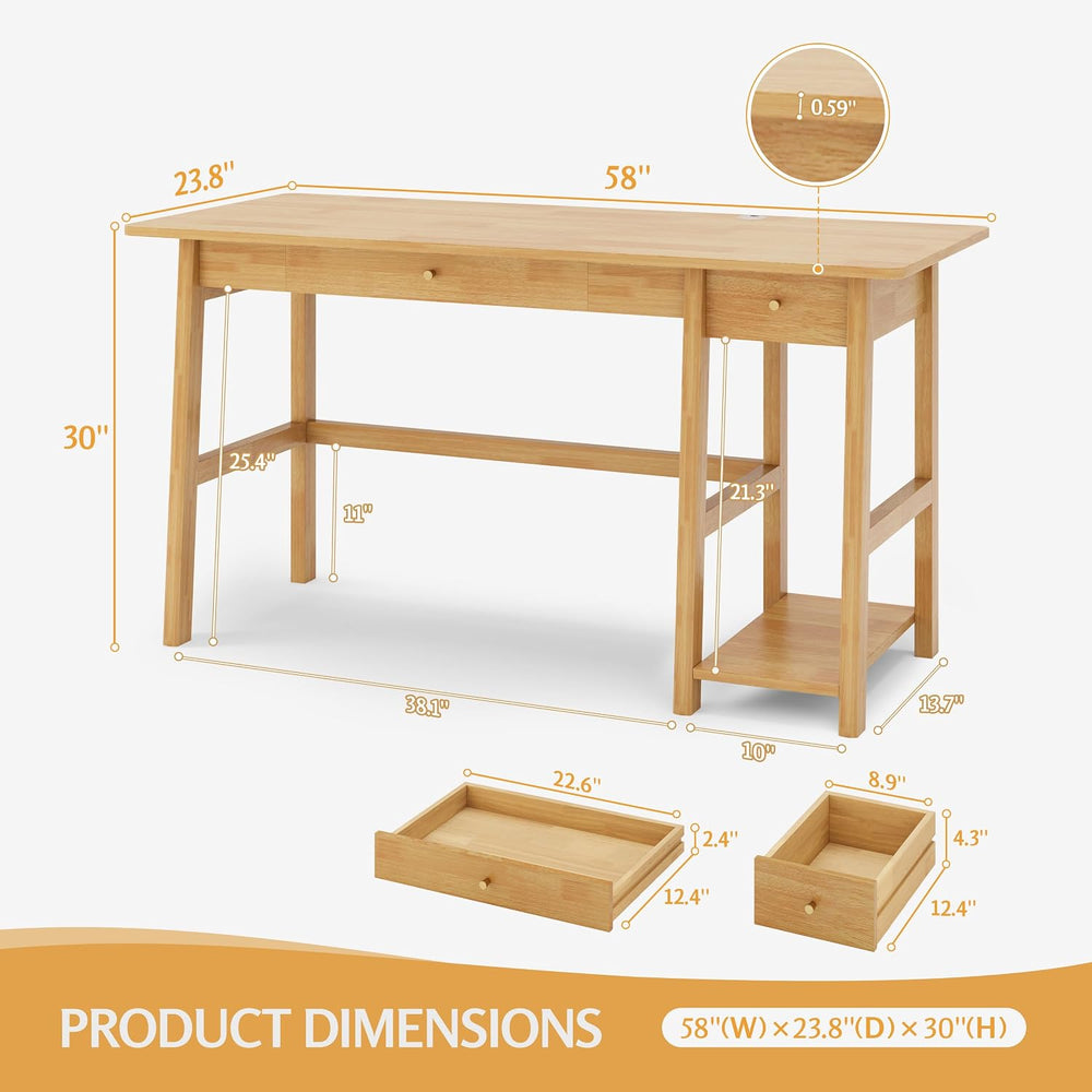 NELYE Solid Wood Writing Desk with Drawer, 58" W x 24" D, Oak