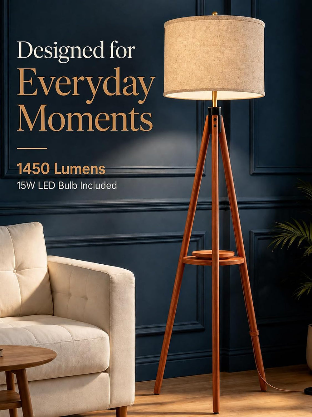 MOFFE Mid Century Solid Wood Tripod Floor Lamp with Tary & Remote Control