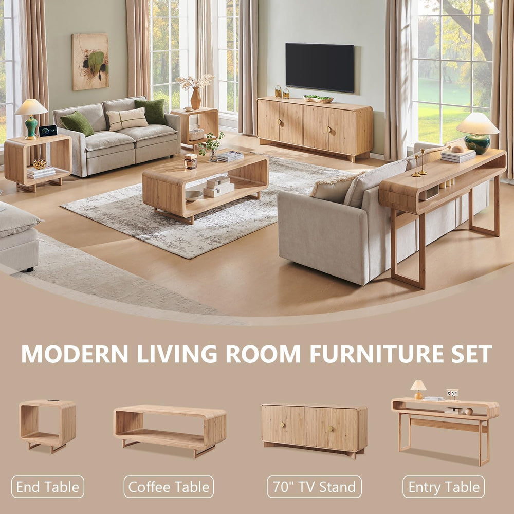 IFGET 48" Modern Coffee Table, 2-Tier Curved Center Table, Natural Oak
