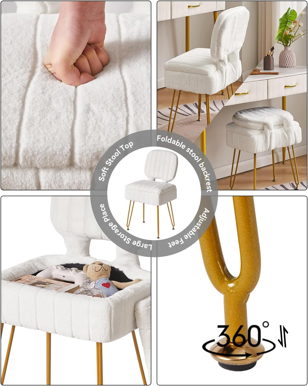 IBUYKE Vanity Stool with Storage, Folding Back Makeup Chair, White WBD030W