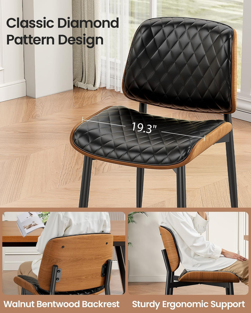 REONEY Dining Chairs Set of 4, Mid-Century Modern Kitchen Chairs, Black