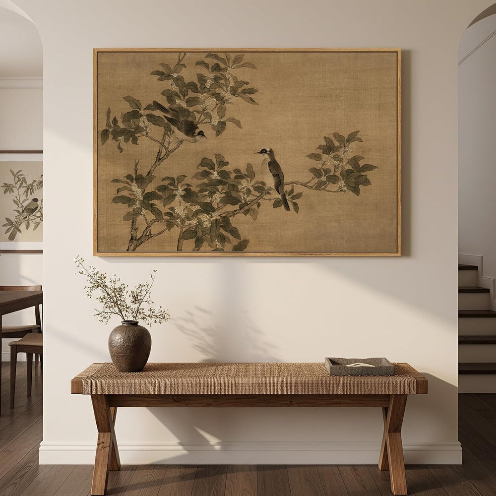 Framed Vintage Neutral Rustic Botanical Bird Chinoiserie wall art, 24x36 In