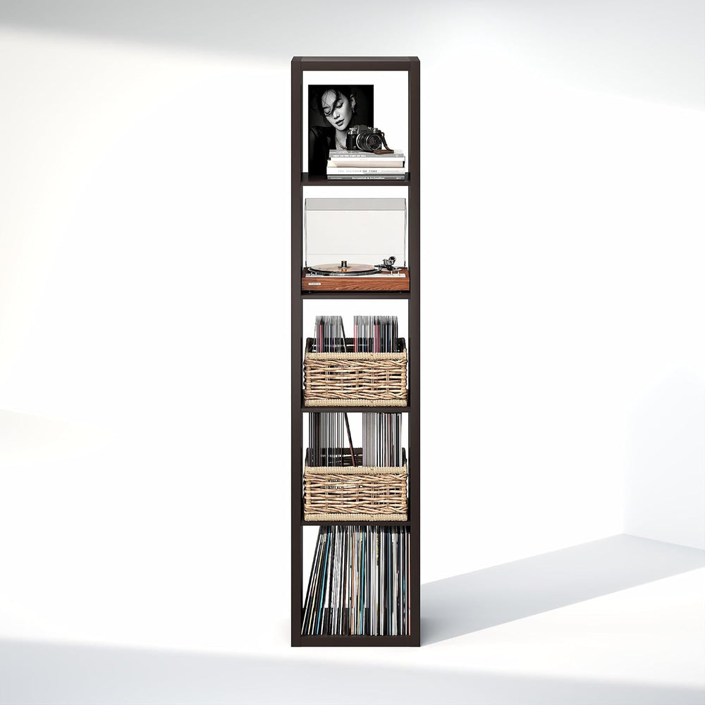 Furinno Cubicle Record Player Stand, 5-Cube Record Storage, Dark Oak