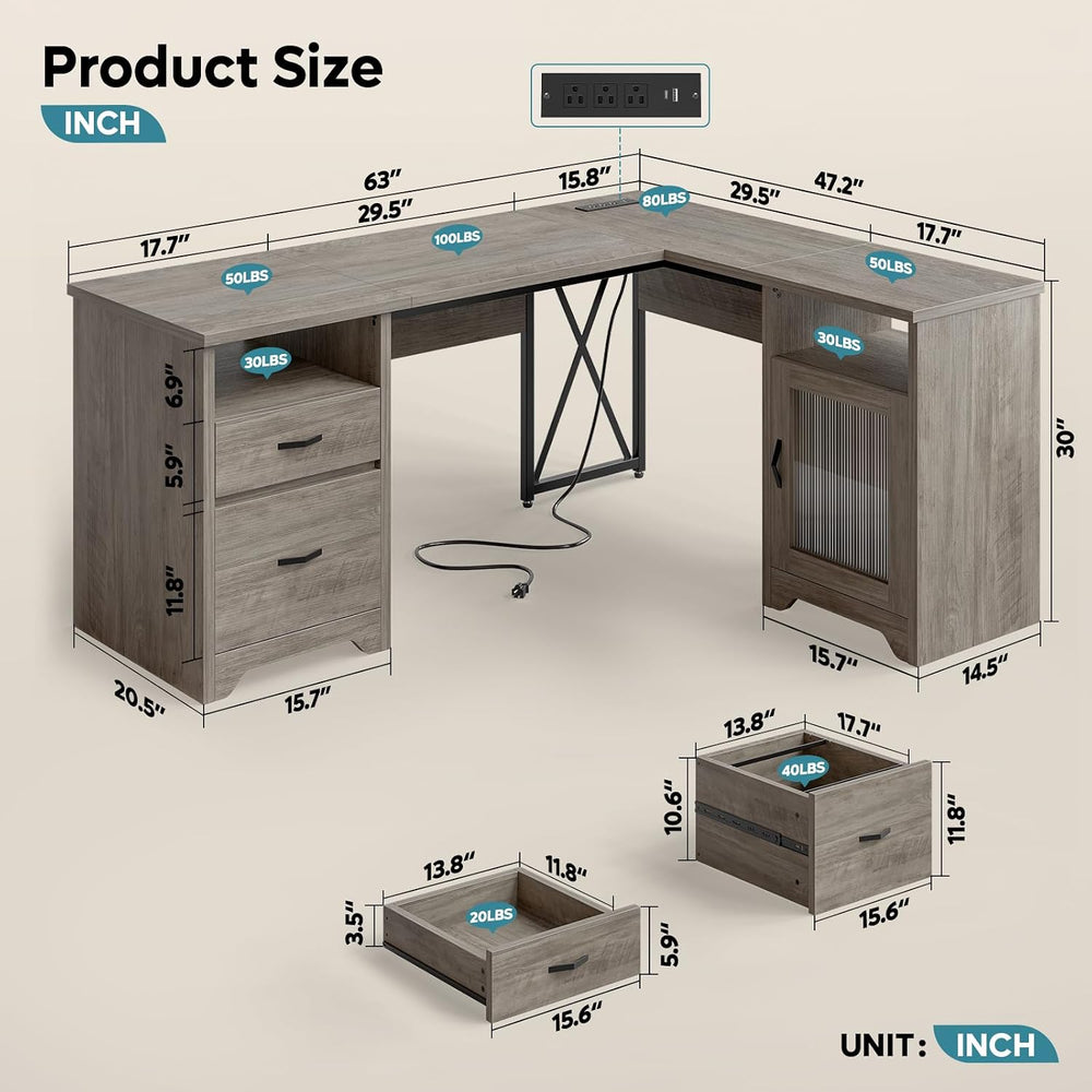Bestier 63"x47" L Shaped Office Computer Desk with Charging Station...