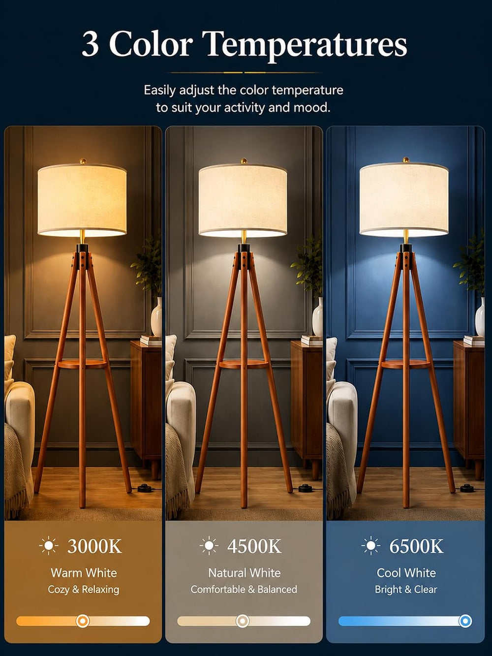 MOFFE Mid Century Solid Wood Tripod Floor Lamp with Tary & Remote Control