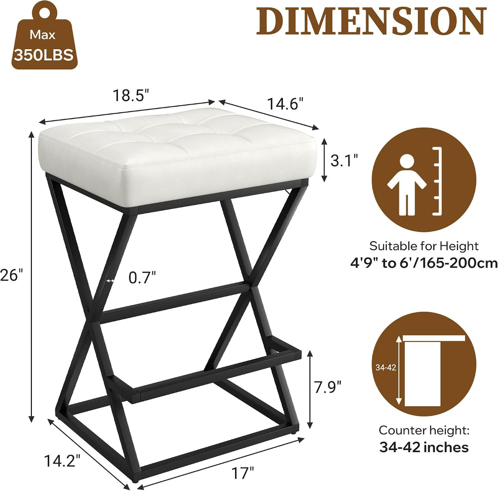 Bar Stools Set of 2, 26" Leather Counter Height Bar Stools, Beige