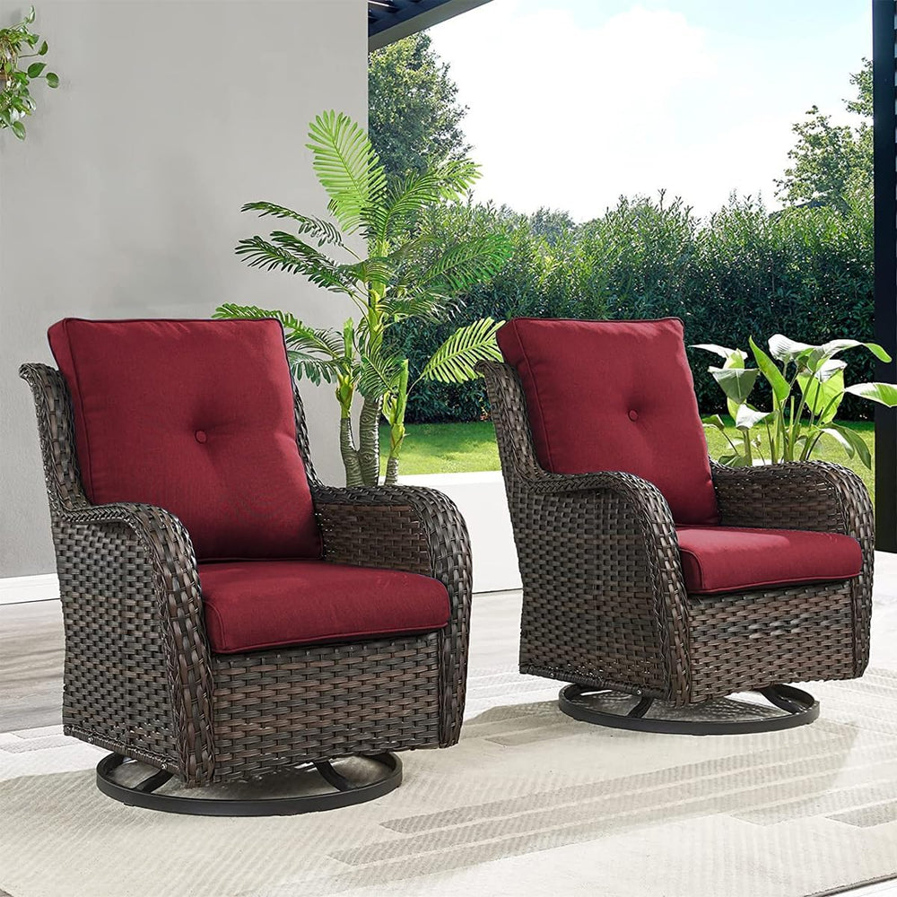 HUMMUH 4 Piece Wicker Patio Swivel Rocker & Ottoman Set, Brown/Red