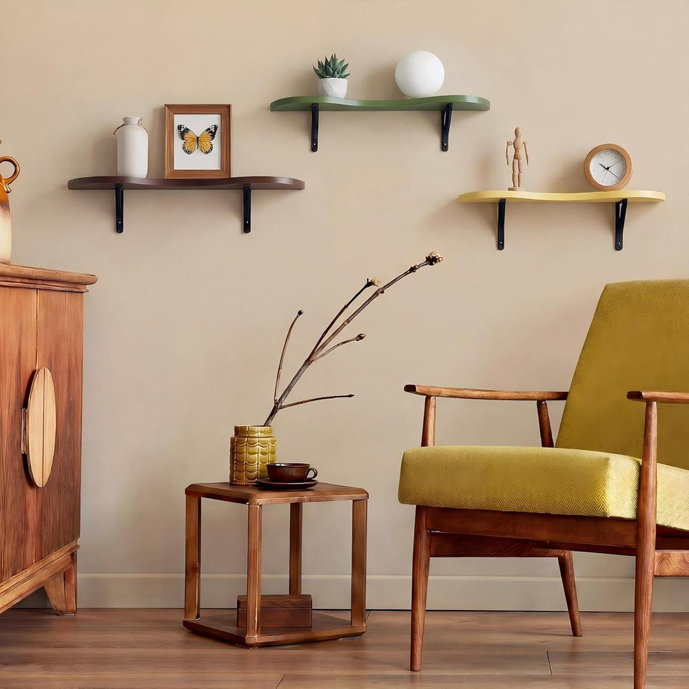 AceOrbit 3 Pcs Mid Century Floating Shelves Wavy Cloud Shelves Wooden Shelf L...