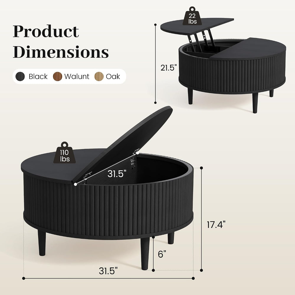 31.5" Round Coffee Table with Lifting Top, Storage for Living Room, Black