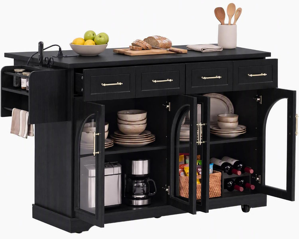 Rovibek 65 inch Rolling Kitchen Island with Storage, Drop Leaf and Power Outl...