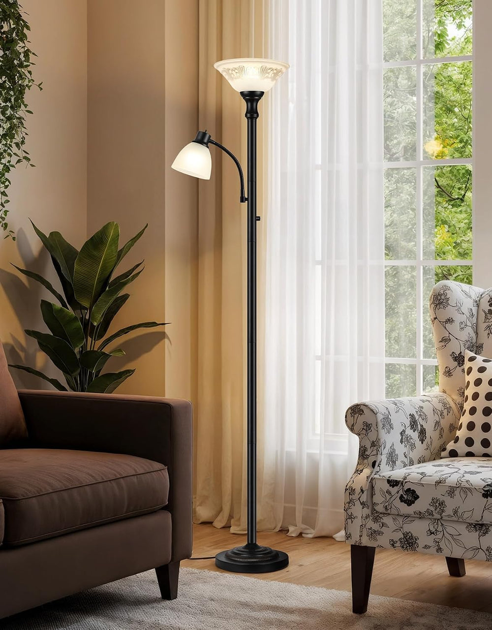 Torchiere Floor Lamp for Living Room with Reading Light, Thick Glass Shade