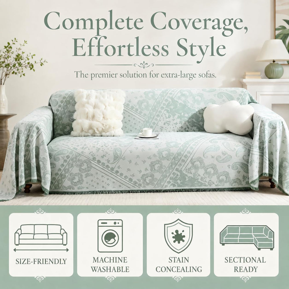 71x102 Inch Green Chenille Couch Cover, Reversible Chevron Blanket