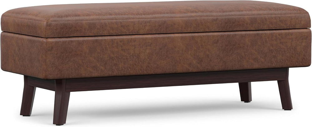 SIMPLIHOME Owen 48" Wide Vegan Leather Lift Top Ottoman in Saddle Brown