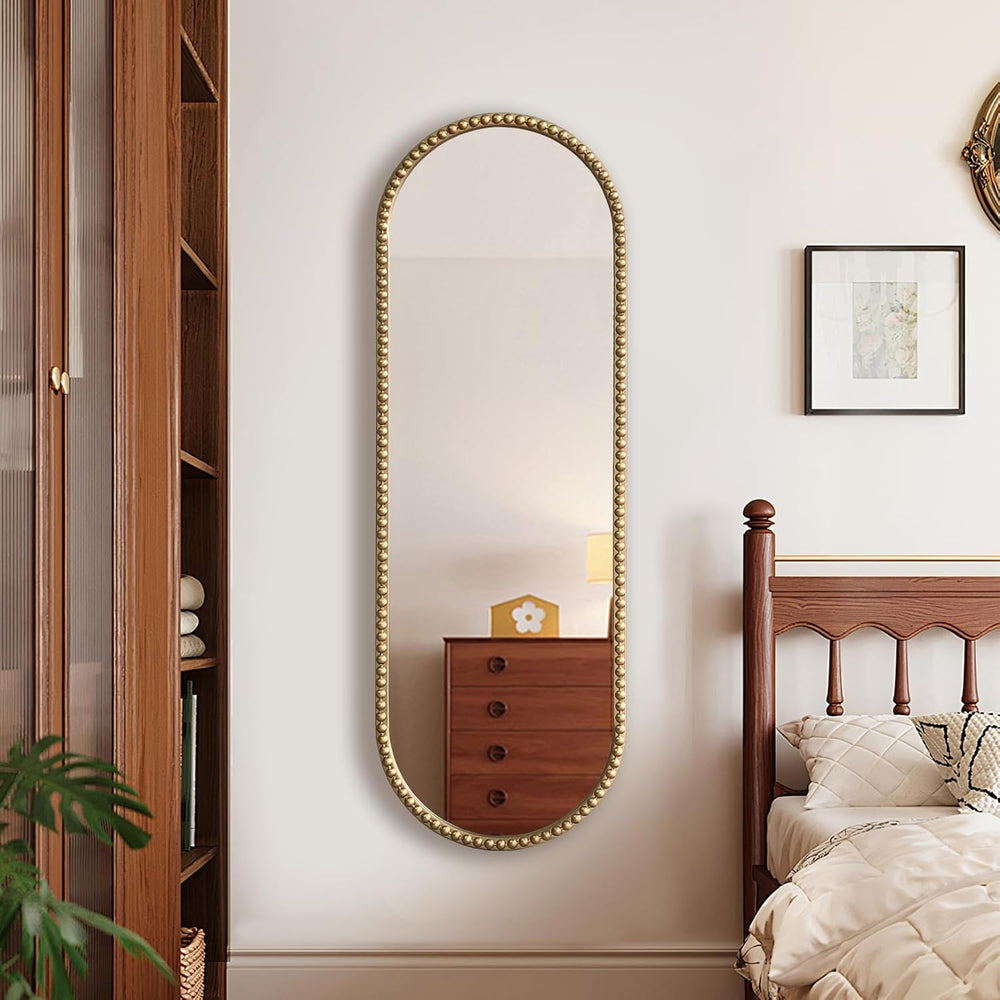 Antique Gold Full Length Mirror Oval Full Body Wall Mirror Baroque Beaded Mir...