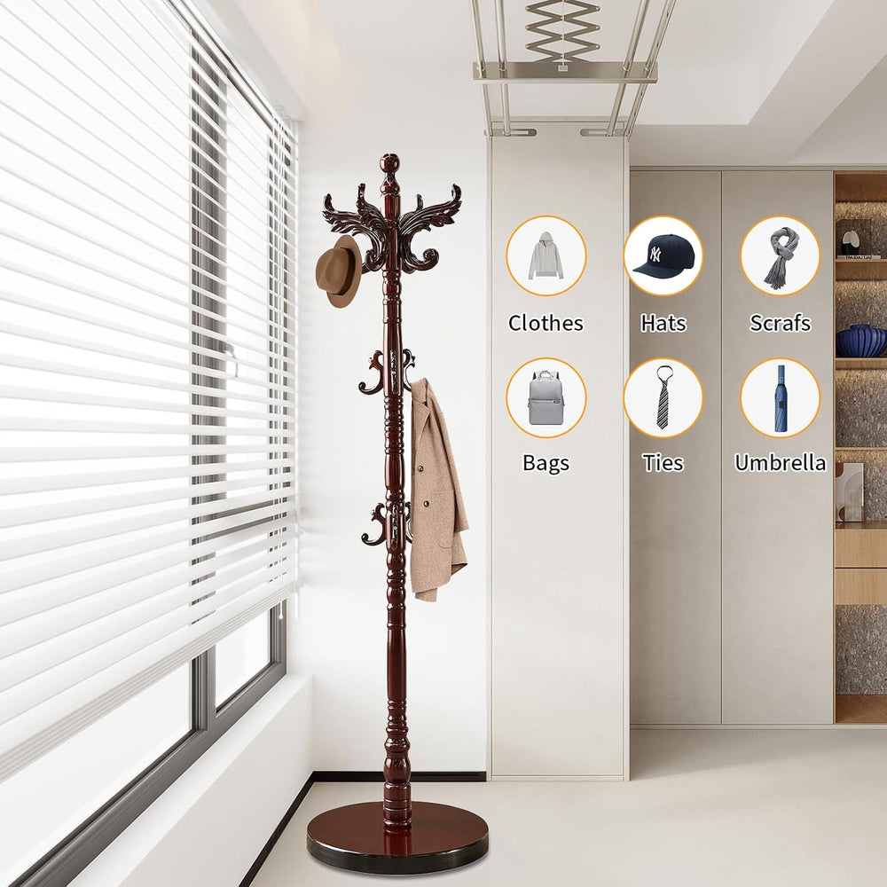 Snaikor Wooden Coat Rack Freestanding with Stable Round Base 14 Hooks